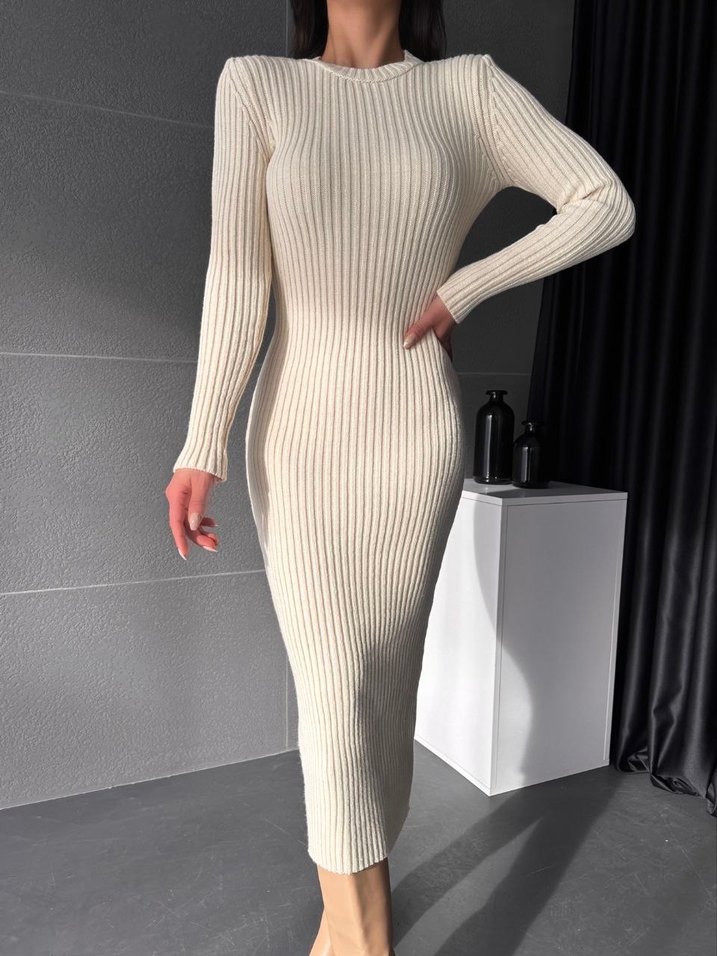 Beyaz Uzun Kollu Fit Triko Elbise - Görsel 2