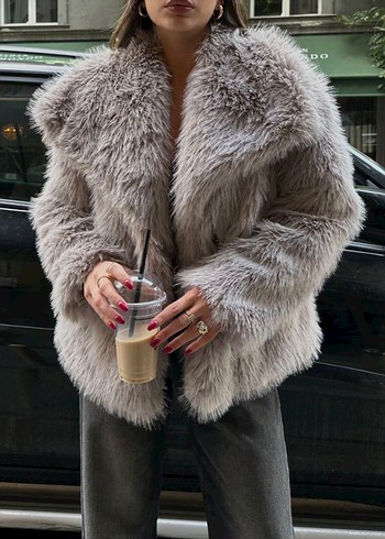 Gri Tüylü Bol Kesim Kadın Ceket - Görsel 5