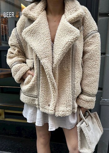 Bej Tüylü Midi Kadın Ceket - Görsel 6