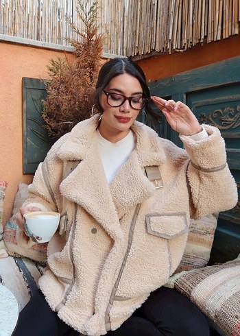 Bej Tüylü Midi Kadın Ceket - Görsel 7