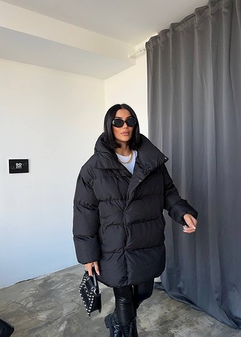 Siyah Midi Kadın Deri Kemerli Kış Montu - Görsel 3