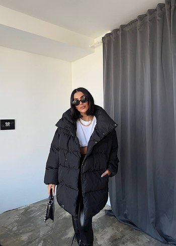 Siyah Midi Kadın Deri Kemerli Kış Montu - Görsel 2