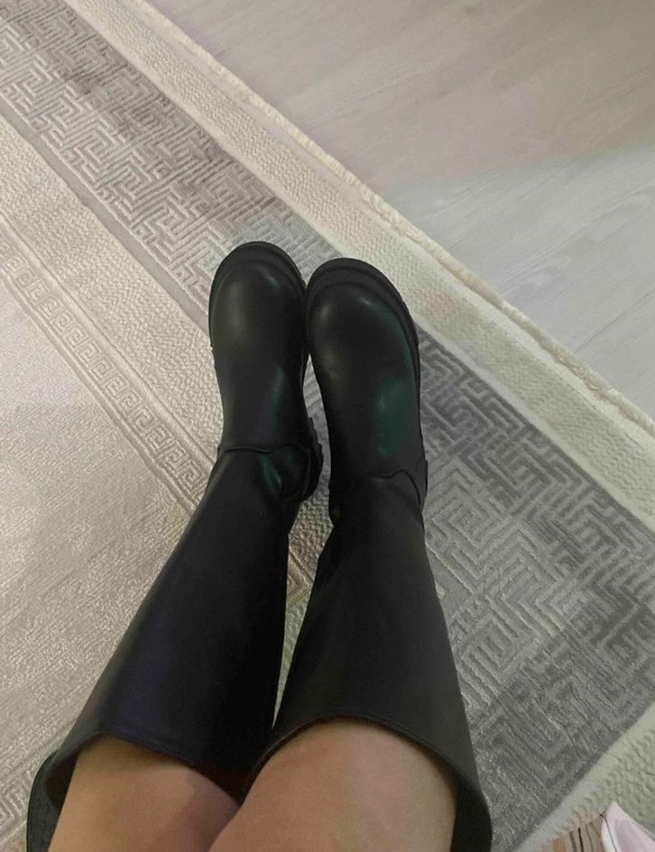 Siyah Kadın Stiletto Topuklu Kemerli Dizüstü Çizme - Görsel 2