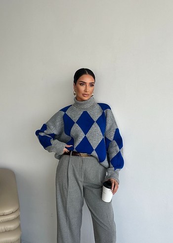 Kırmızı Desenli Boğazlı Triko Kazak - Görsel 7