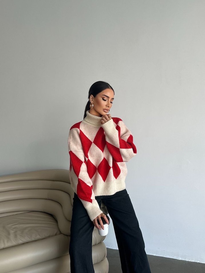 Kırmızı Desenli Boğazlı Triko Kazak - Görsel 5