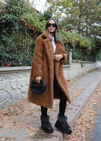 Leopar Desenli Kahverengi Uzun Peluş Kadın Kaban - Görsel 2