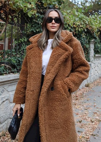 Leopar Desenli Kahverengi Uzun Peluş Kadın Kaban - Görsel 3