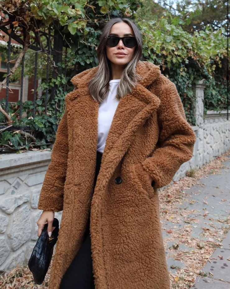 Leopar Desenli Kahverengi Uzun Peluş Kadın Kaban - Görsel 3