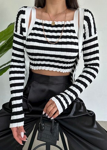 Siyah Zebra Desenli Mini Crop Top - Görsel 4