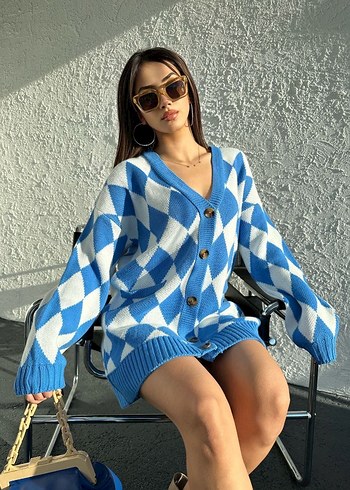 Mavi Ekose Desenli V Yaka Örgü Kadın Hırka - Görsel 3