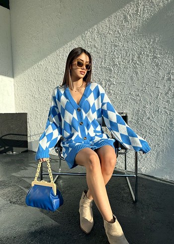 Mavi Ekose Desenli V Yaka Örgü Kadın Hırka - Görsel 2