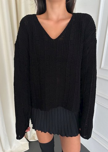 V Yaka Beyaz Örgü Kadın Kazak - Görsel 5