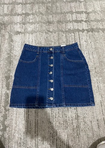 Düğmeli Mavi Denim Mini Etek