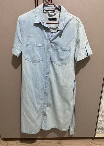 Mavi Kısa Kollu Denim Gömlek Elbise