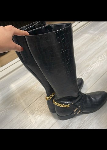 Kadın Parlak Siyah Deri Dizüstü Botlar - Görsel 4