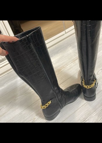 Kadın Parlak Siyah Deri Dizüstü Botlar - Görsel 2