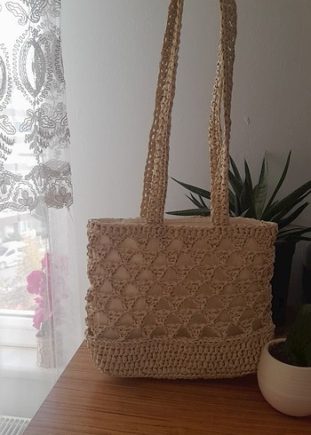 Bej Örgü Dantel Detaylı Kadın Çanta - Görsel 3