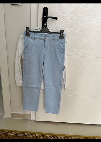 8 Yaş Beden Beyaz Erkek Çocuk Denim Gömlek Mavi Pantolon Takım