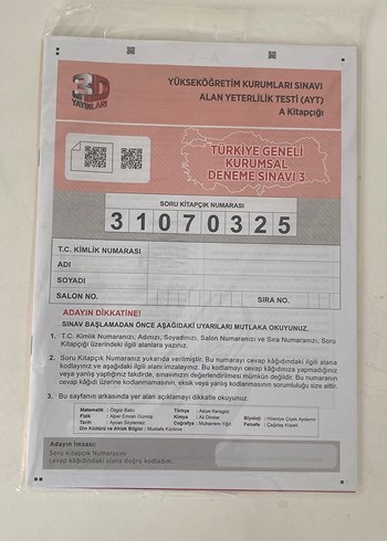 AYT Türkiye Geneli Kurumsal Deneme Sınavı Kitapçığı
