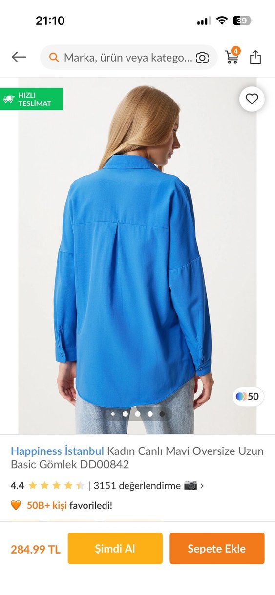 Happiness İstanbul Kadın Canlı Mavi Oversize Uzun Gömlek - Görsel 2