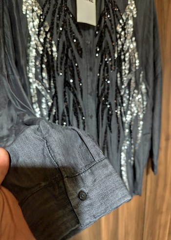 Payetli Gri Denim Bohem Kadın Gömlek - Görsel 2