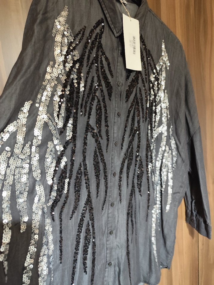 Payetli Gri Denim Bohem Kadın Gömlek - Görsel 4