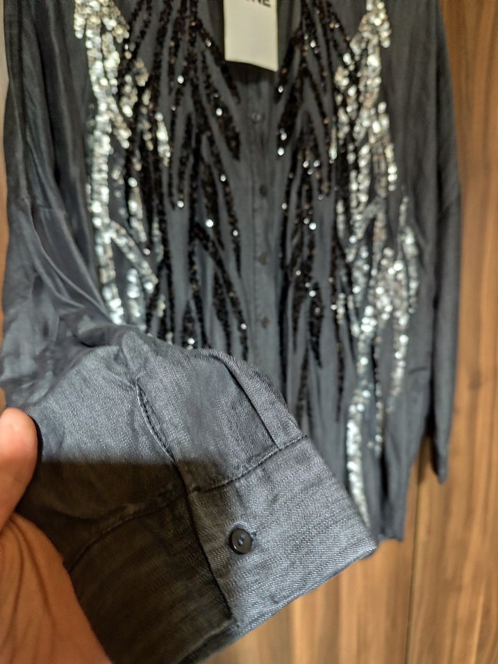 Payetli Gri Denim Bohem Kadın Gömlek - Görsel 2