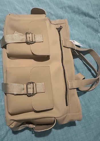 Bej Deri Kadın Çanta Tokalı Cepli - Görsel 2