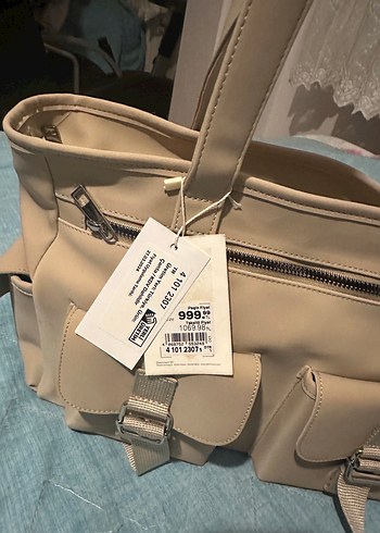 Bej Deri Kadın Çanta Tokalı Cepli - Görsel 6