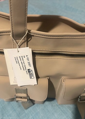 Bej Deri Kadın Çanta Tokalı Cepli - Görsel 5
