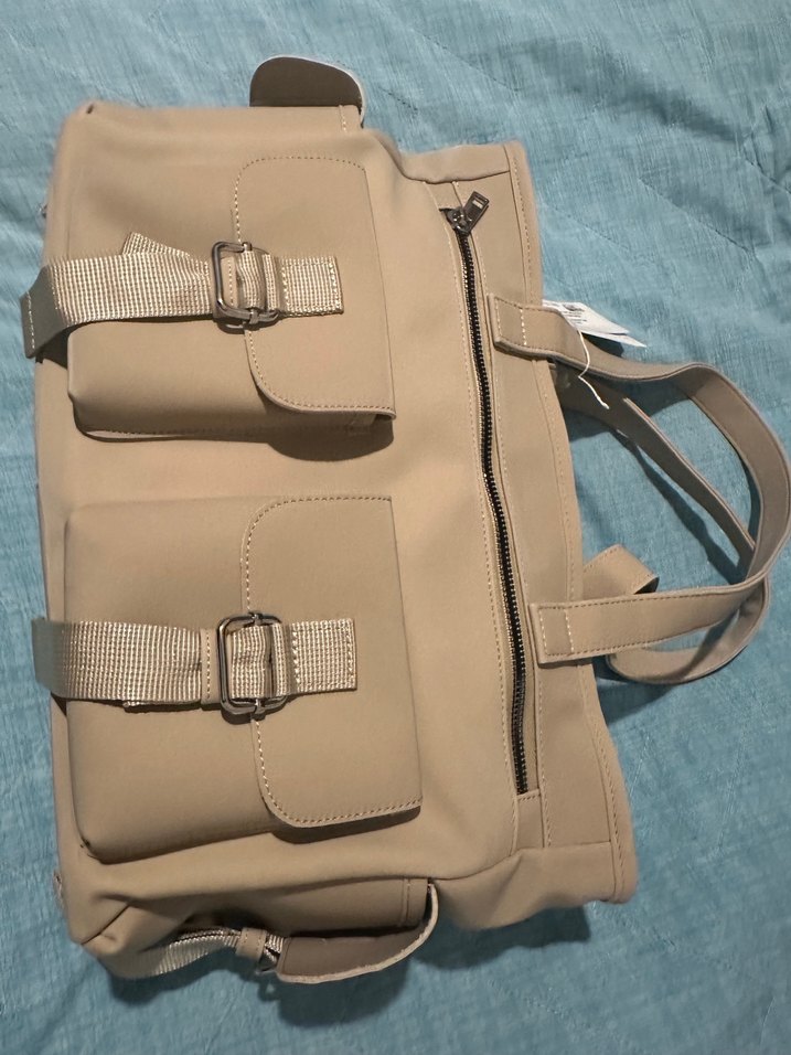 Bej Deri Kadın Çanta Tokalı Cepli - Görsel 2