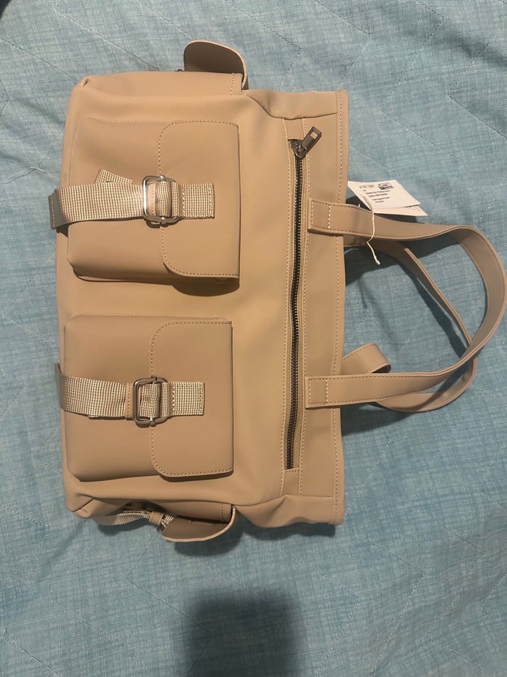 Bej Deri Kadın Çanta Tokalı Cepli - Görsel 3