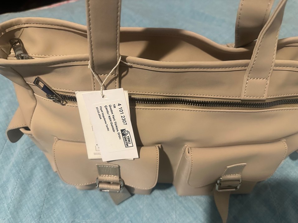 Bej Deri Kadın Çanta Tokalı Cepli - Görsel 5