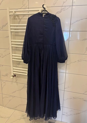 Lacivert Uzun Kollu Uzun Abiye Elbise