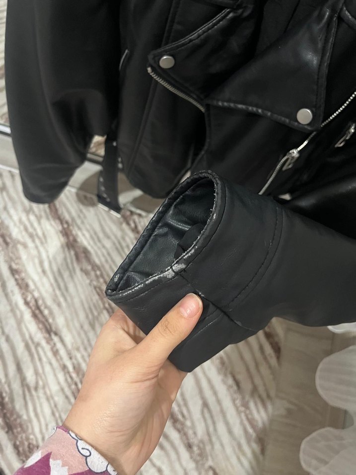 Siyah Kemerli Mini Deri Biker Ceket - Görsel 4