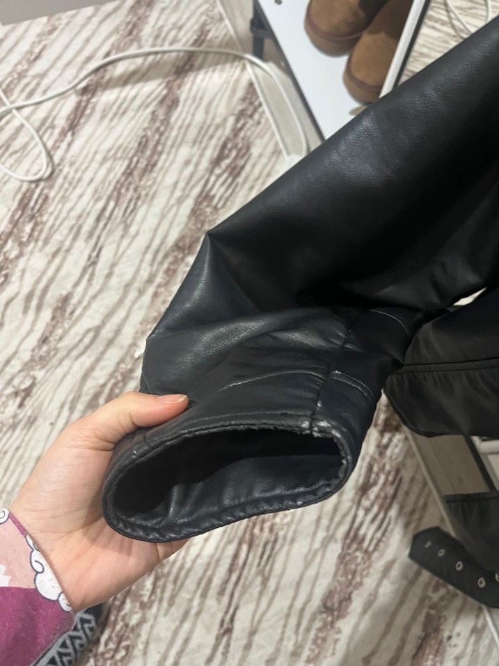 Siyah Kemerli Mini Deri Biker Ceket - Görsel 3