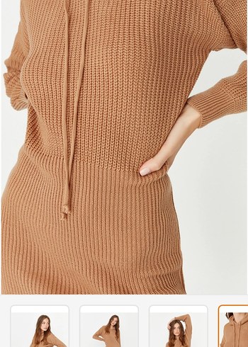 Camel Fitilli Uzun Kollu Triko Elbise - Görsel 5