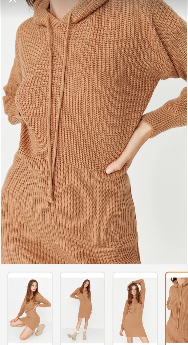 Camel Fitilli Uzun Kollu Triko Elbise - Görsel 5