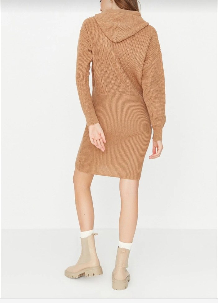 Camel Fitilli Uzun Kollu Triko Elbise - Görsel 2