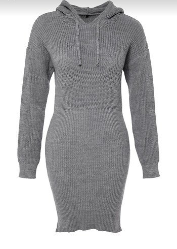 Gri Triko Kapüşonlu Elbise - Görsel 6
