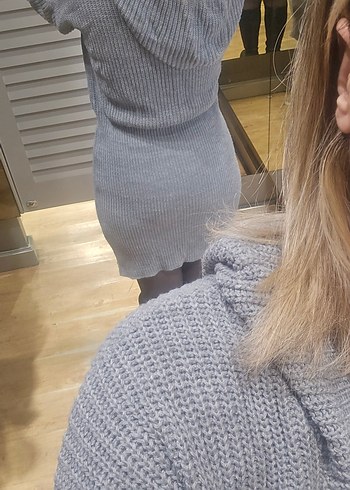 Gri Triko Kapüşonlu Elbise - Görsel 2