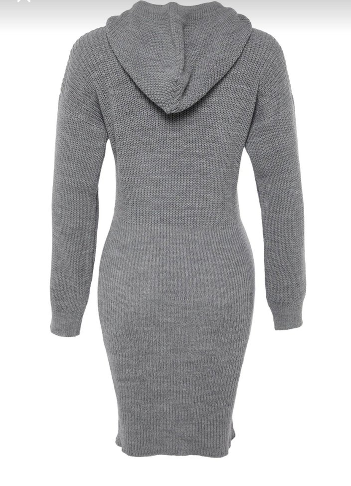 Gri Triko Kapüşonlu Elbise - Görsel 5