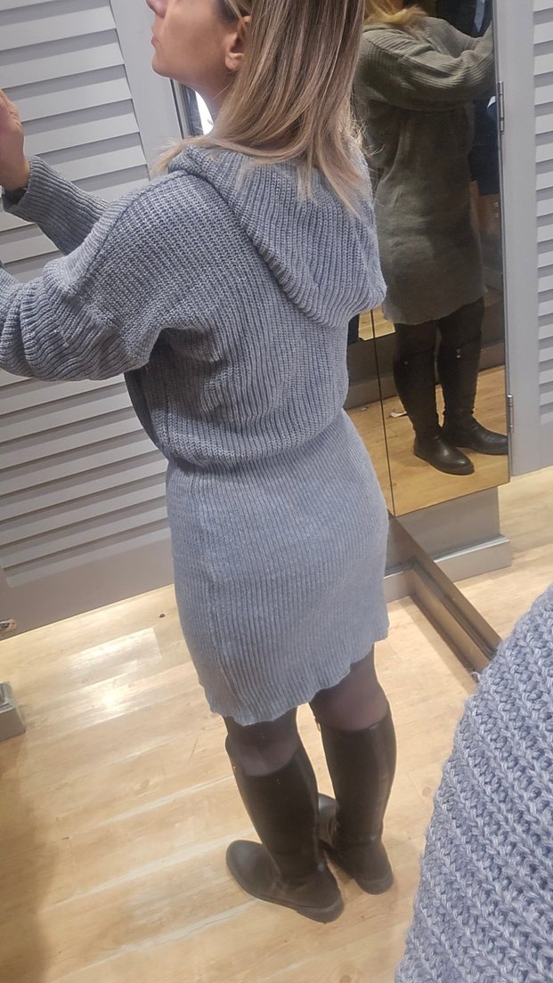 Gri Triko Kapüşonlu Elbise - Görsel 3