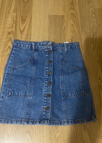 Düğmeli Mavi Denim Mini Etek