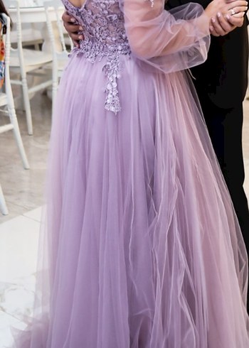 Pastel Mor Uzun Kollu Çiçek Desenli Nişan Elbisesi - Görsel 2