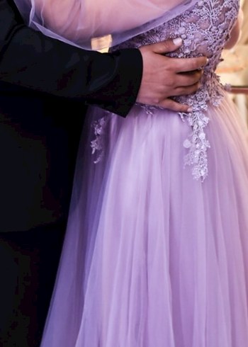 Pastel Mor Uzun Kollu Çiçek Desenli Nişan Elbisesi - Görsel 3