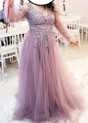 Pastel Mor Uzun Kollu Çiçek Desenli Nişan Elbisesi - Görsel 6