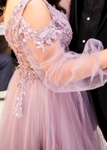 Pastel Mor Uzun Kollu Çiçek Desenli Nişan Elbisesi - Görsel 7