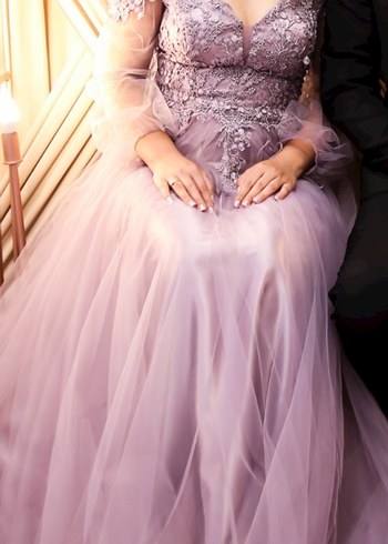 Pastel Mor Uzun Kollu Çiçek Desenli Nişan Elbisesi - Görsel 8