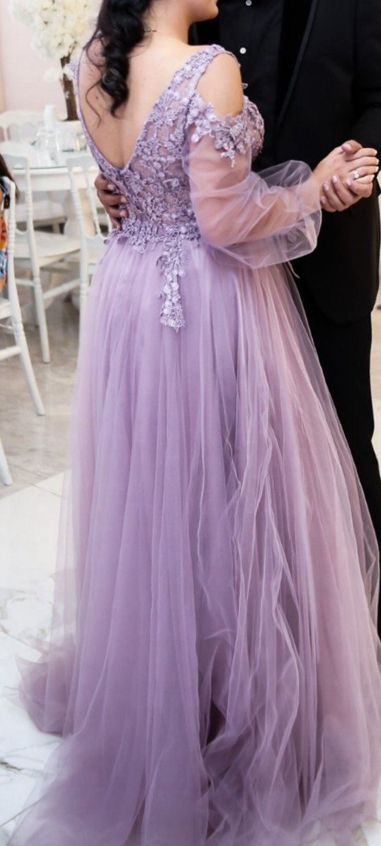 Pastel Mor Uzun Kollu Çiçek Desenli Nişan Elbisesi - Görsel 2